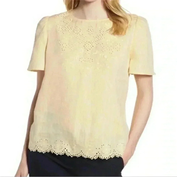 Nordstrom Signature Linen Top Yellow Eyelet Embroidered Top Blouse Large - Picture 1 of 8